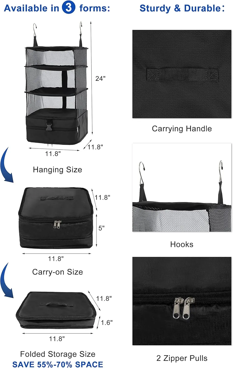 ELEZAY Hanging Packing Cubes Portable Travel Closet Collapsible Compression Clothes Organizer with Built in Shelves for Carry-on Luggage Suitcase Wardrobe Large_11.8*11.8*24 IN, Black