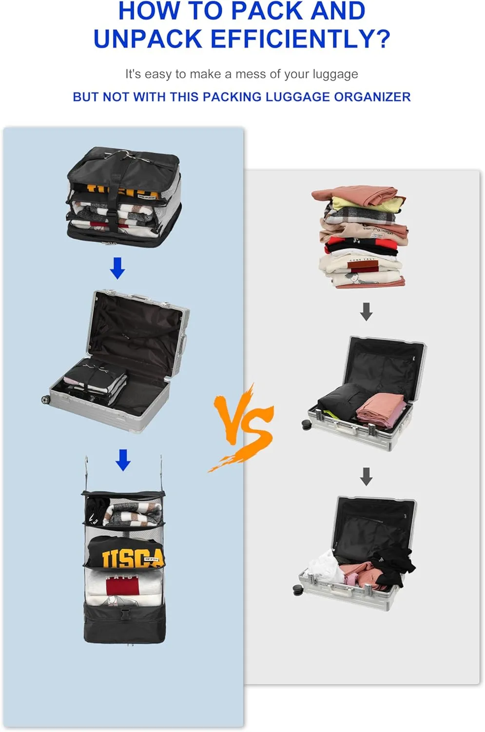 ELEZAY Hanging Packing Cubes Portable Travel Closet Collapsible Compression Clothes Organizer with Built in Shelves for Carry-on Luggage Suitcase Wardrobe Large_11.8*11.8*24 IN, Black