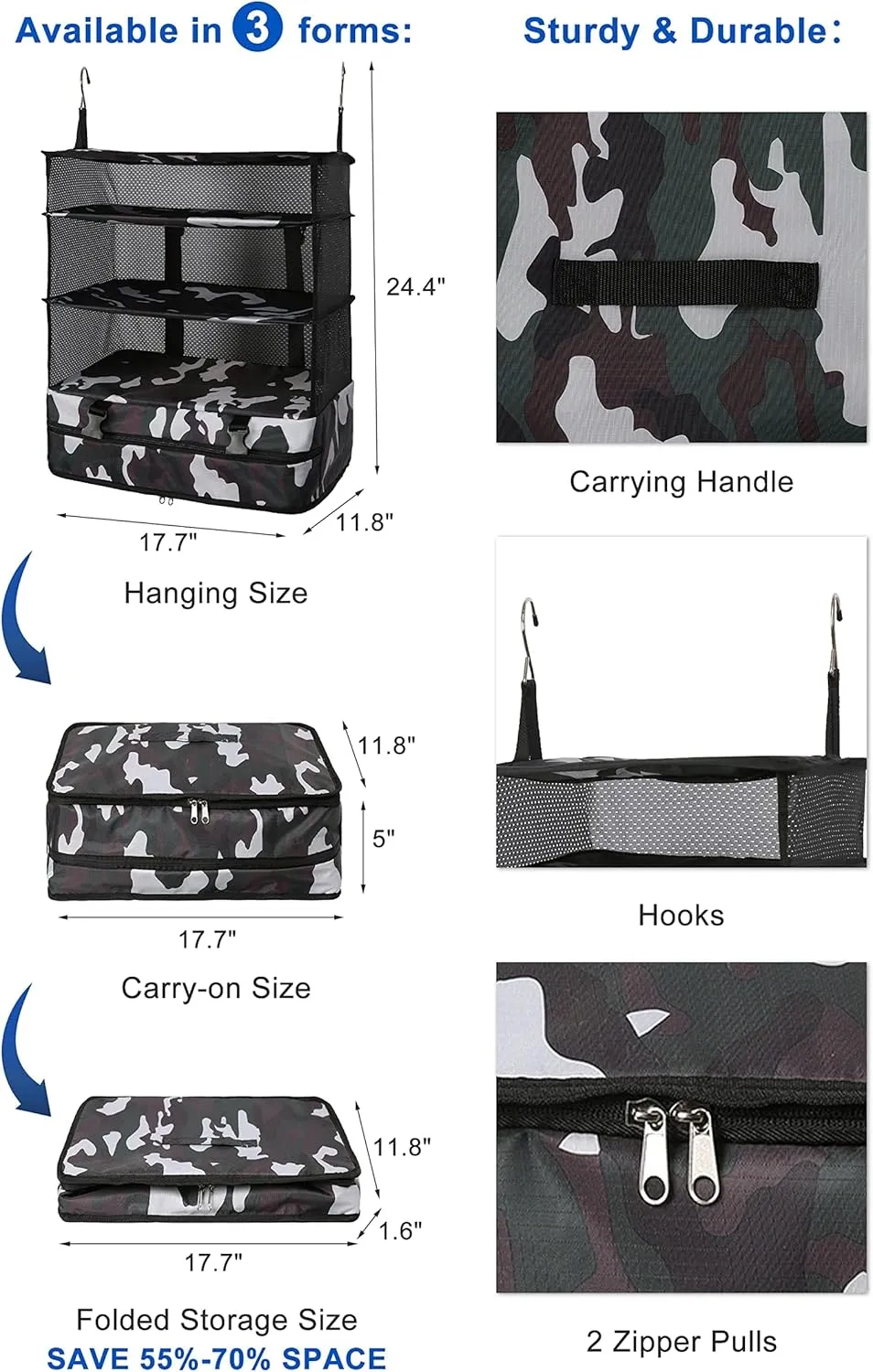 ELEZAY Hanging Packing Cubes Portable Travel Closet Collapsible Compression Clothes Organizer with Built in Shelves for Carry-on Luggage Suitcase Wardrobe X-Large_17.1 * 11.8 * 24.4 IN, Camouflage