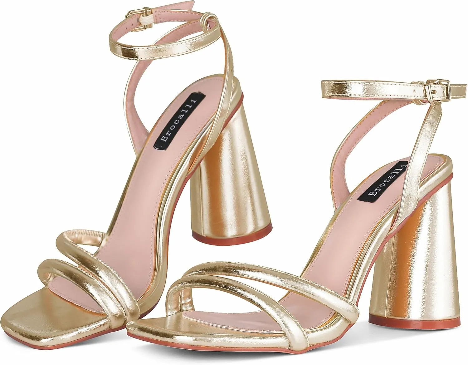 Erocalli Gold Heels Strappy Sandals Square Open Toe Ankle Strap High Heel Sandals Comfort Dress Party Wedding Shoes