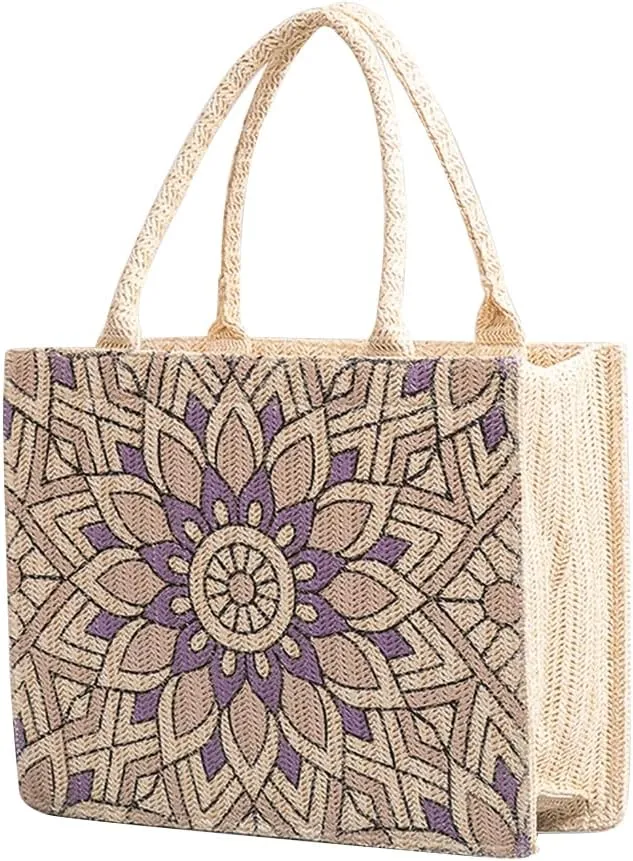 Ethnic Style Tote Bag for Women Canvas Handbag Bohemian Top Handle Bag Summer Beach Bag Large Capacity Shoulder Bag