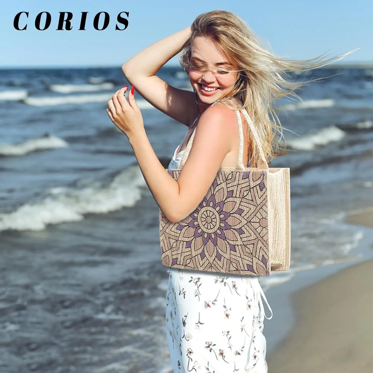 Ethnic Style Tote Bag for Women Canvas Handbag Bohemian Top Handle Bag Summer Beach Bag Large Capacity Shoulder Bag