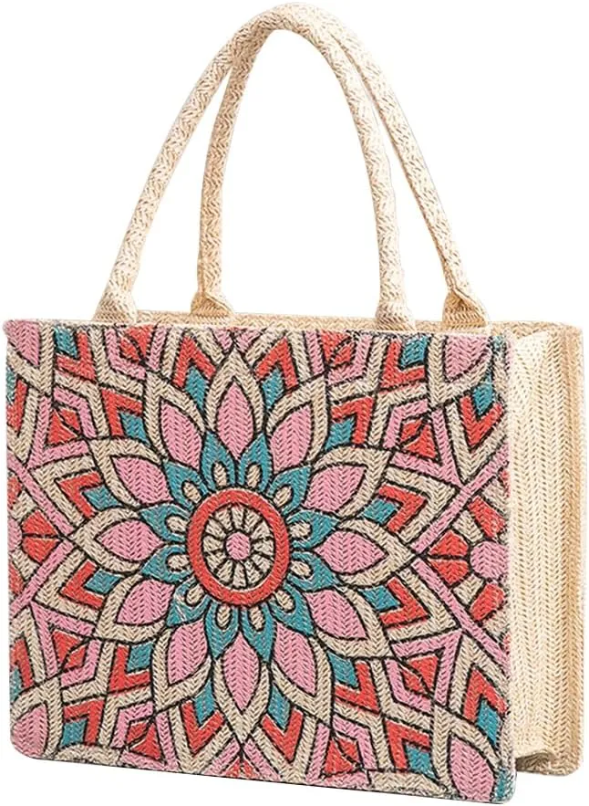 Ethnic Style Tote Bag for Women Canvas Handbag Bohemian Top Handle Bag Summer Beach Bag Large Capacity Shoulder Bag