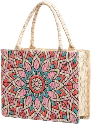 Ethnic Style Tote Bag for Women Canvas Handbag Bohemian Top Handle Bag Summer Beach Bag Large Capacity Shoulder Bag
