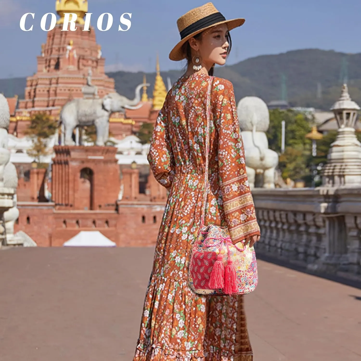 Ethnic Tote Bag for Women Canvas Handbag Bohemian Bucket Bag Retro Shoulder Crossbody Bag with Tassels