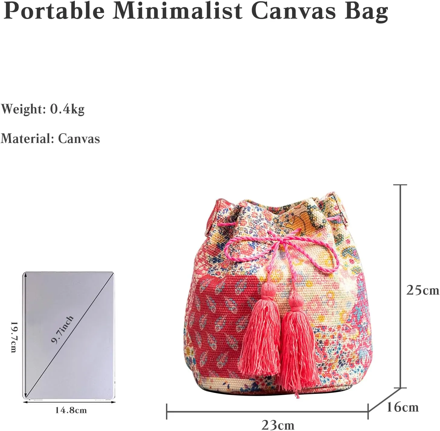 Ethnic Tote Bag for Women Canvas Handbag Bohemian Bucket Bag Retro Shoulder Crossbody Bag with Tassels