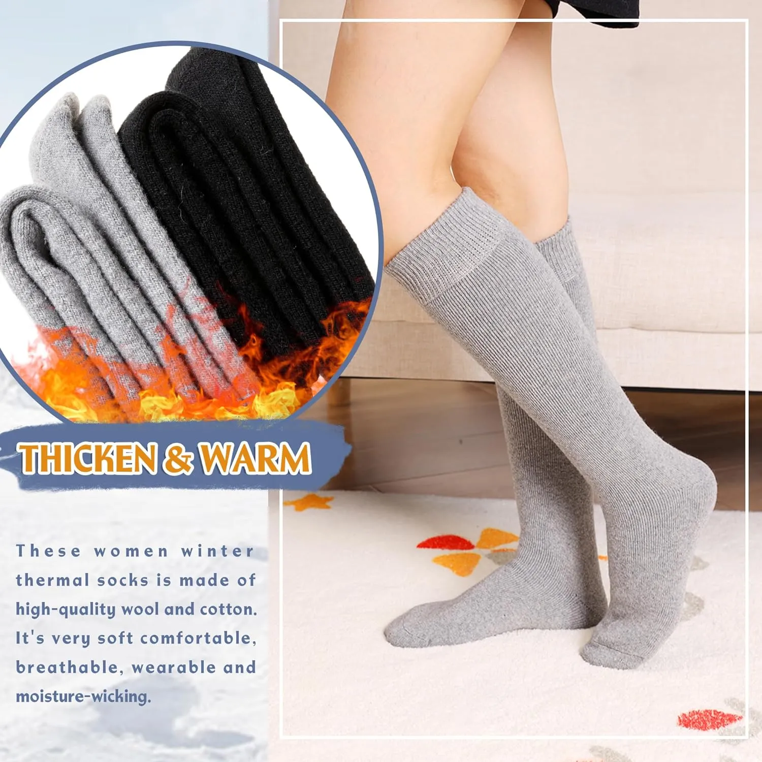Eyean Women's Knee High Wool Socks Winter Thick Thermal Soft Comfy Over Knee Long High Socks 2 Pairs
