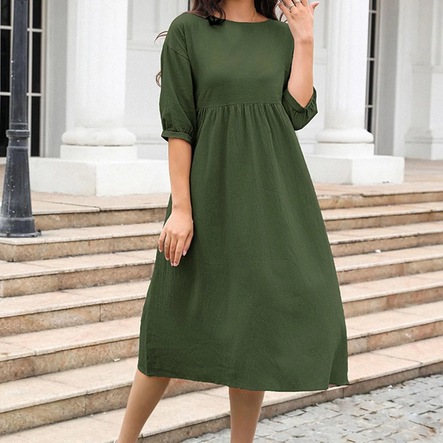 Fall Dresses for Women Cotton Linen Causal Half Sleeve Crewneck Elastic Waist Solid Loose Fit Oversized Linen Dresses