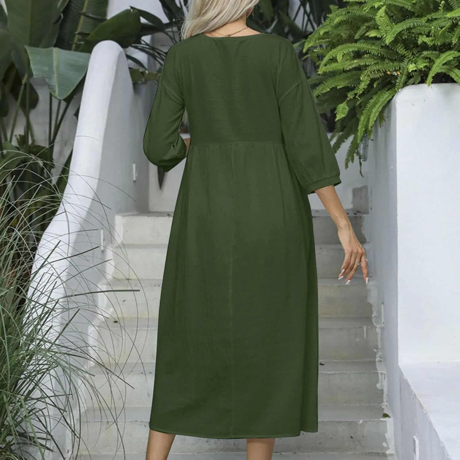 Fall Dresses for Women Cotton Linen Causal Half Sleeve Crewneck Elastic Waist Solid Loose Fit Oversized Linen Dresses