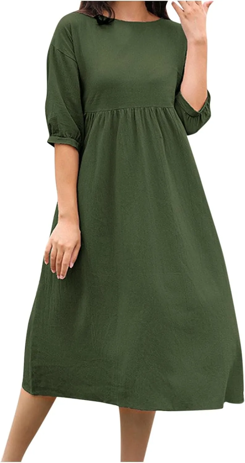 Fall Dresses for Women Cotton Linen Causal Half Sleeve Crewneck Elastic Waist Solid Loose Fit Oversized Linen Dresses