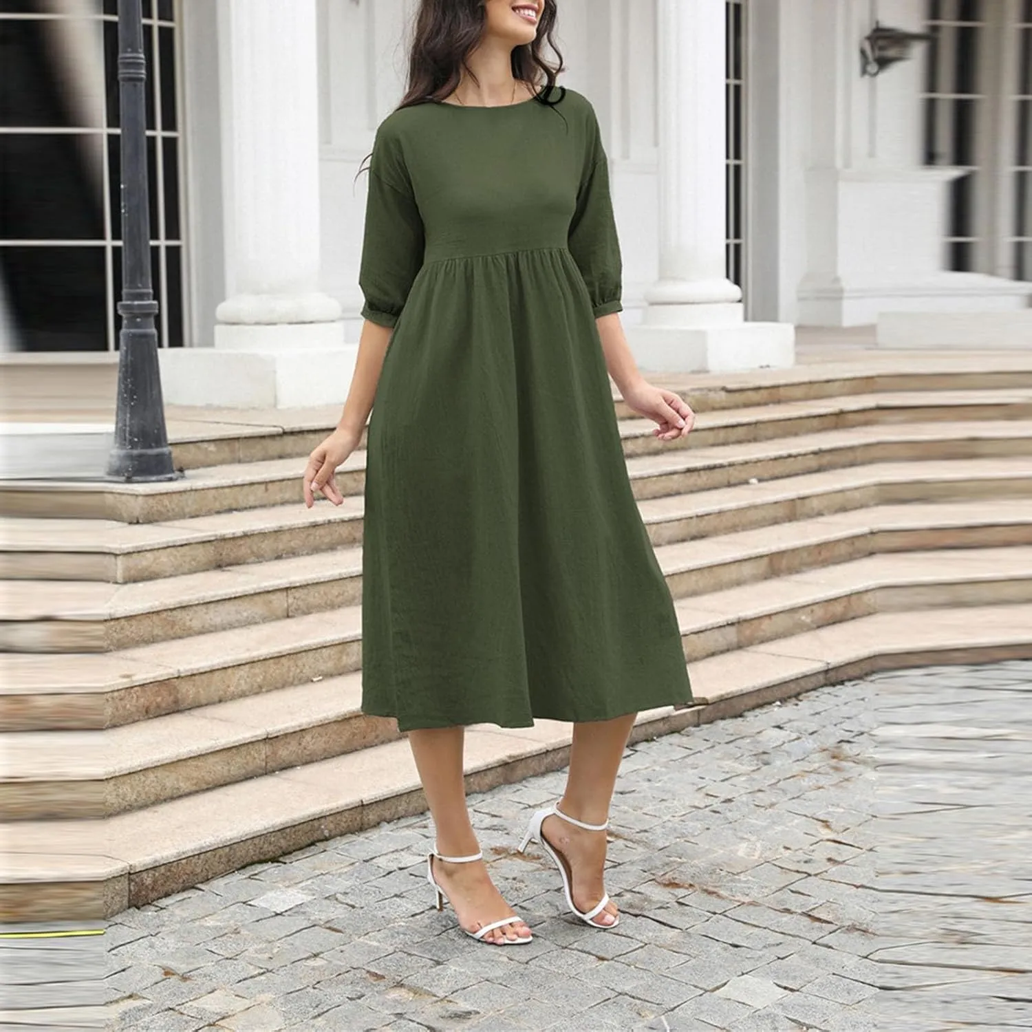 Fall Dresses for Women Cotton Linen Causal Half Sleeve Crewneck Elastic Waist Solid Loose Fit Oversized Linen Dresses