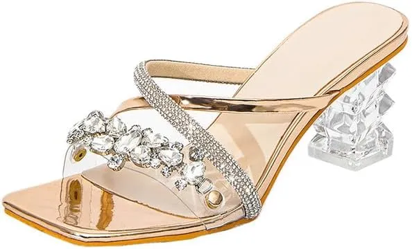 Fantoesay Clear Crystal Rhinestones Strap Slip On Sandals