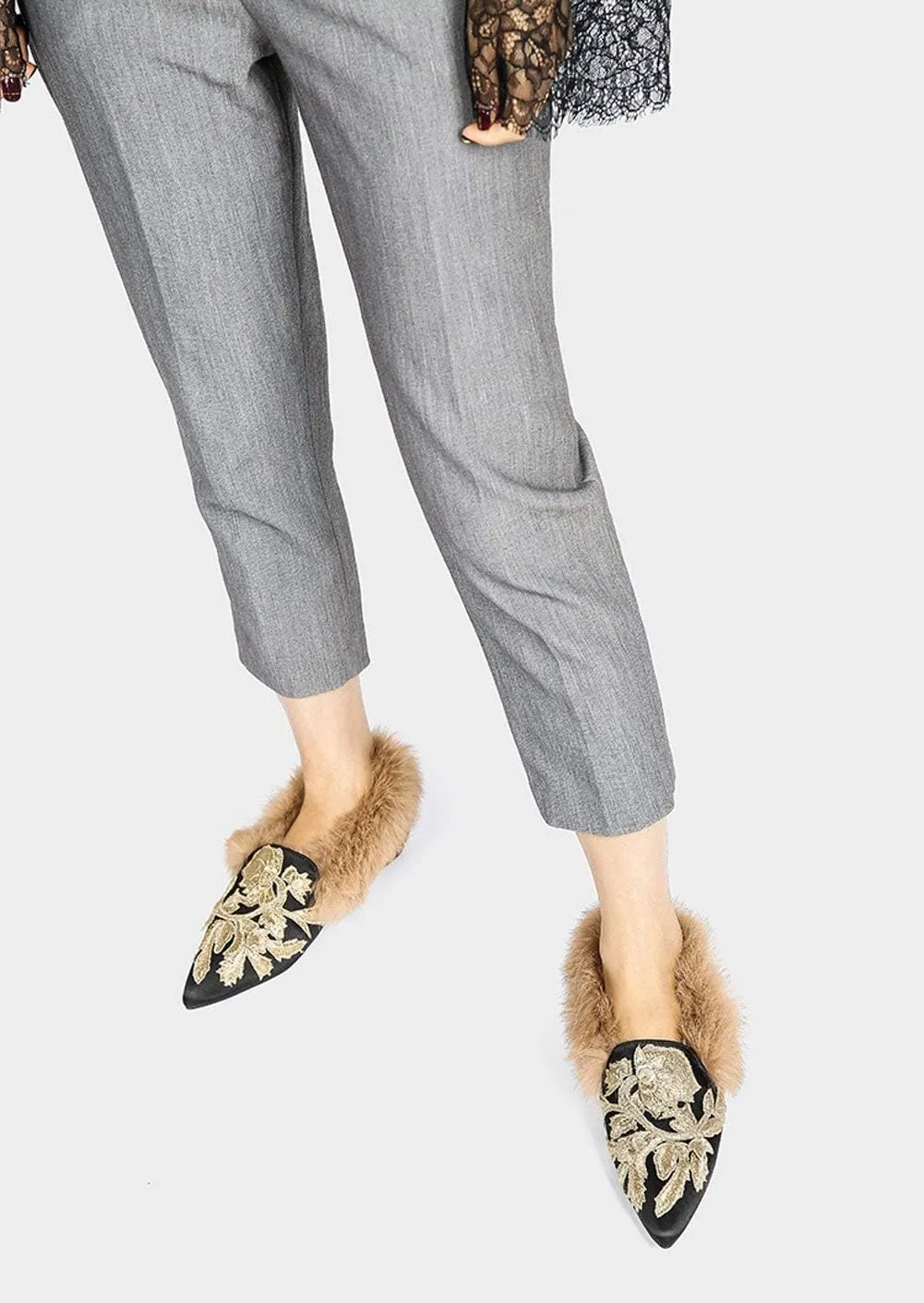 Fericzot Slip On Loafers Womens Embroidery Mule Shoes with Plush Lamb Fur Velvet Slippers Backless Pointed Toe Mule Slides