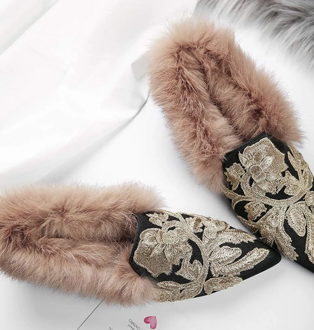 Fericzot Slip On Loafers Womens Embroidery Mule Shoes with Plush Lamb Fur Velvet Slippers Backless Pointed Toe Mule Slides