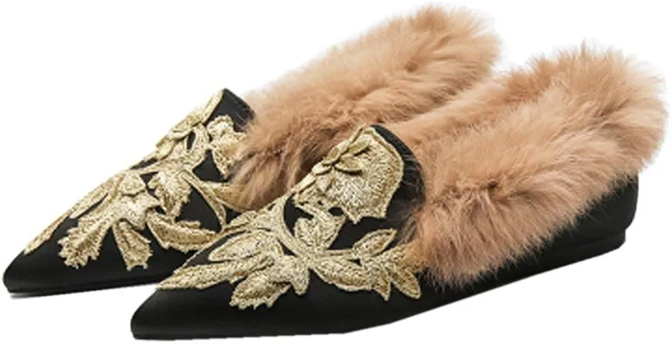 Fericzot Slip On Loafers Womens Embroidery Mule Shoes with Plush Lamb Fur Velvet Slippers Backless Pointed Toe Mule Slides