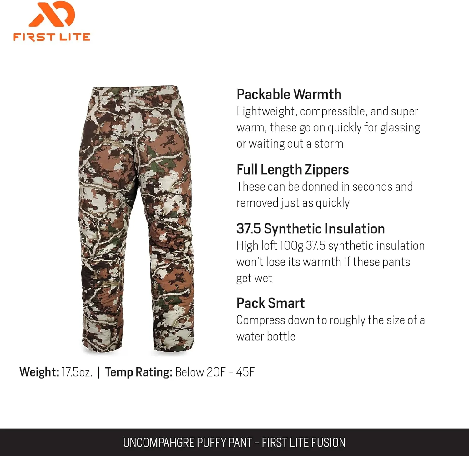 First Lite Men's Uncompahgre Puffy Pant - Lightweight Synthetic Insulated Camo Hunting Insulation