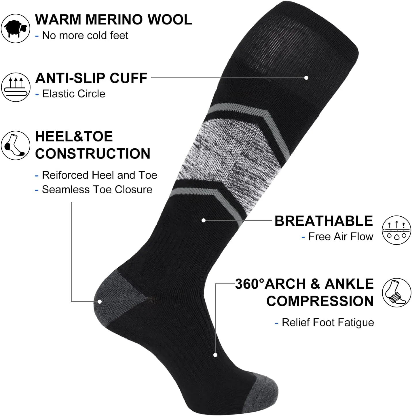 FITRELL 2/3 Pack Merino Wool Ski Socks for Snowboarding, Full Cushioned Winter Thermal Knee-high Warm Socks for Men and Women