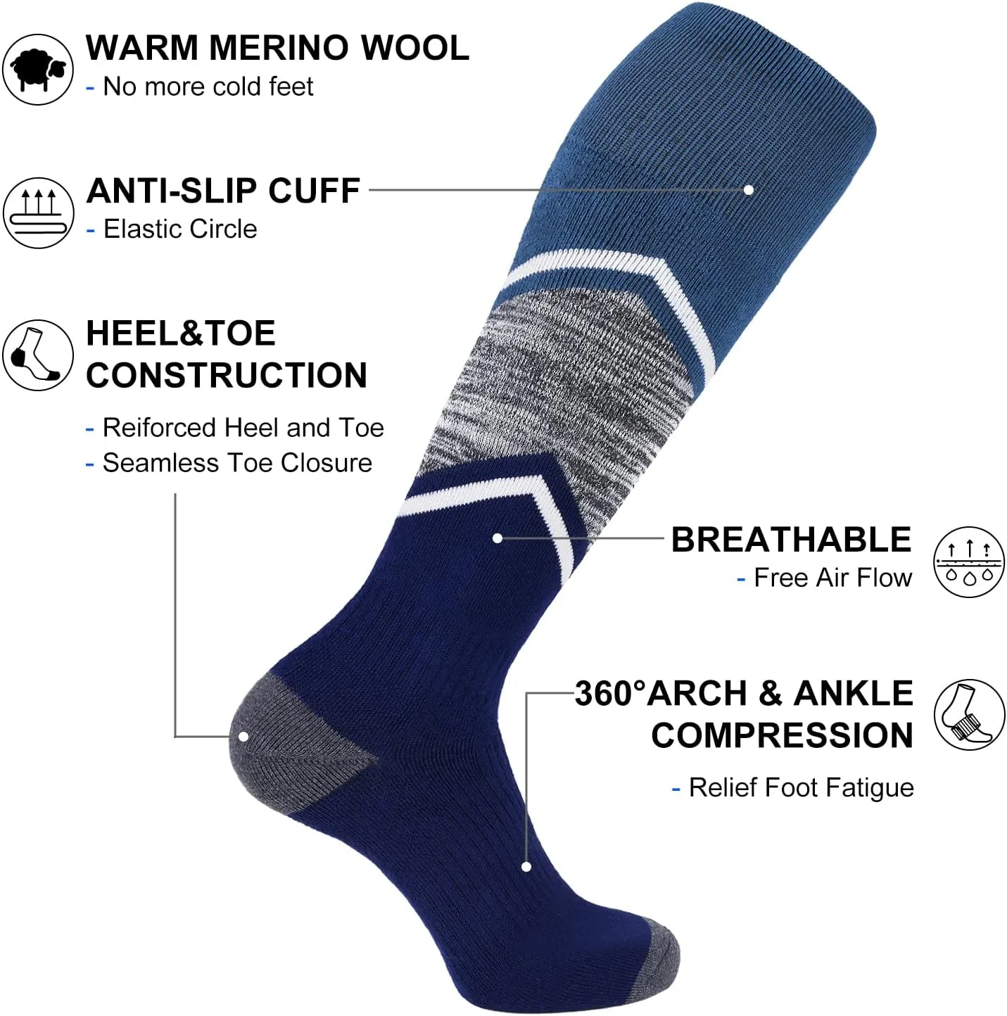 FITRELL 2/3 Pack Merino Wool Ski Socks for Snowboarding, Full Cushioned Winter Thermal Knee-high Warm Socks for Men and Women