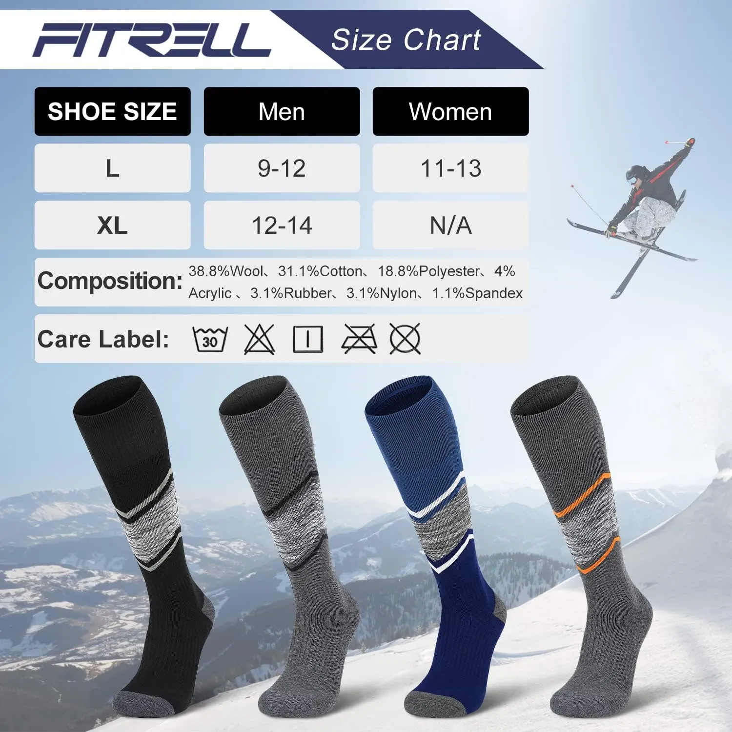 FITRELL 2/3 Pack Merino Wool Ski Socks for Snowboarding, Full Cushioned Winter Thermal Knee-high Warm Socks for Men and Women