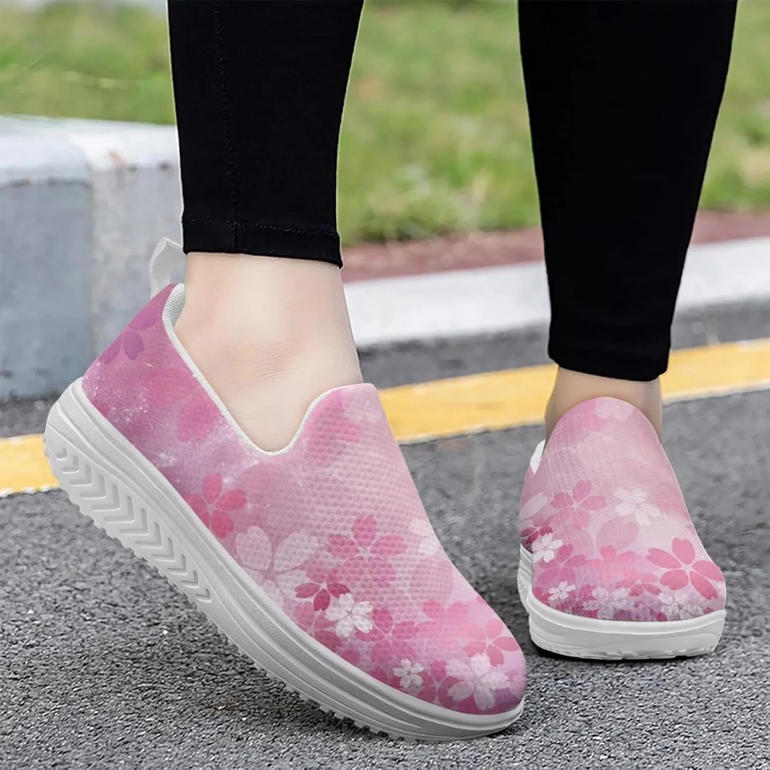 Flower Print Platform Sneakers for Women Casual Loafers Slip on Trekking Shoes with EVA Sole