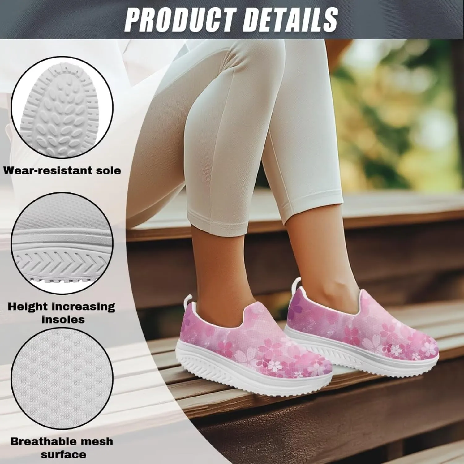 Flower Print Platform Sneakers for Women Casual Loafers Slip on Trekking Shoes with EVA Sole