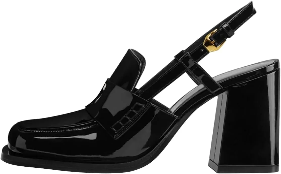 FOWT Women Platform Square Toe Loafers Chunky High Heel Slingback Pumps Slip on Daily Street Shoes Size 4-16 US