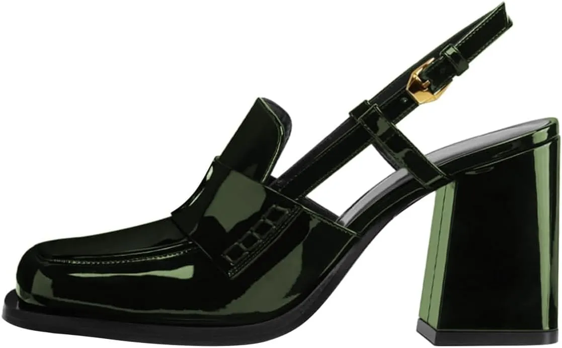 FOWT Women Platform Square Toe Loafers Chunky High Heel Slingback Pumps Slip on Daily Street Shoes Size 4-16 US