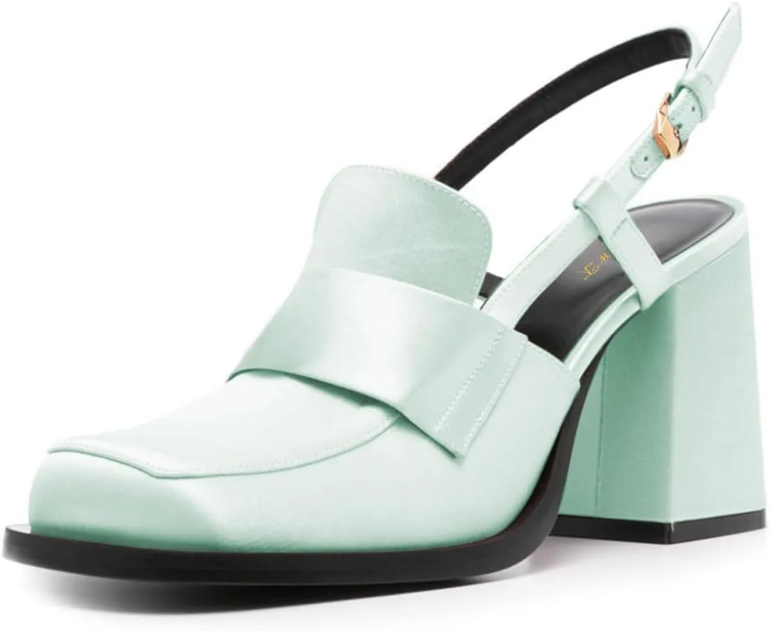 FOWT Women Platform Square Toe Loafers Chunky High Heel Slingback Pumps Slip on Daily Street Shoes Size 4-16 US