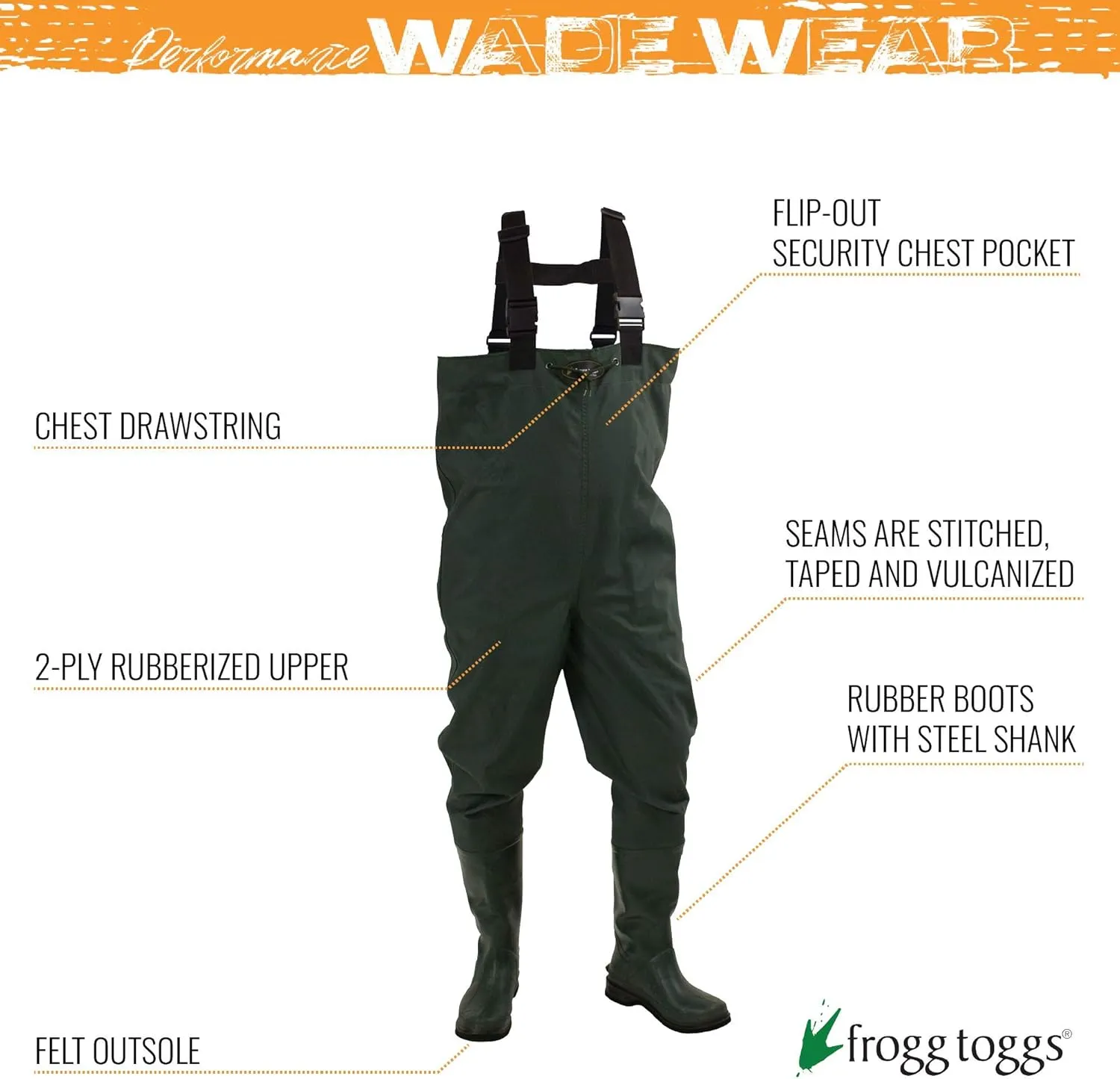 FROGG TOGGS Cascades 2-ply Poly/Rubber Waterproof Fishing Bootfoot Chest Wader for Fishing
