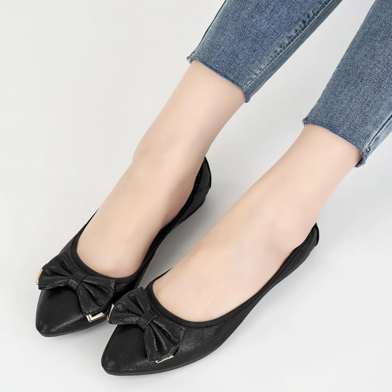 FUDYNMALC Womens Ballet Flats Shoes: Foldable Dressy Wedding Ballerina Shoes Sparkly Bowknot Pointed Toe Slip on Walking Loafers