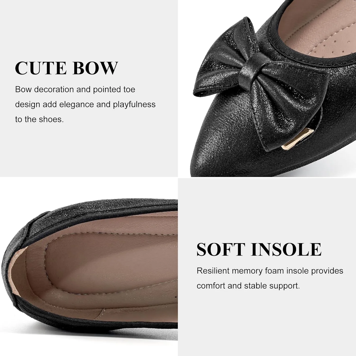 FUDYNMALC Womens Ballet Flats Shoes: Foldable Dressy Wedding Ballerina Shoes Sparkly Bowknot Pointed Toe Slip on Walking Loafers