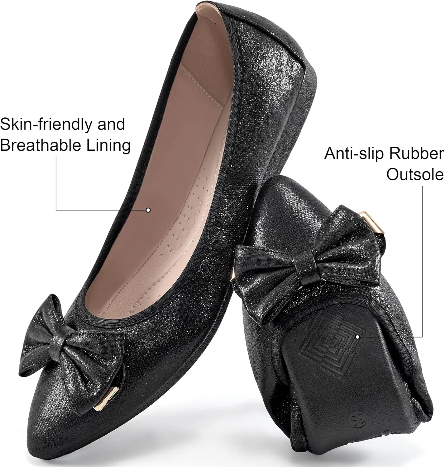 FUDYNMALC Womens Ballet Flats Shoes: Foldable Dressy Wedding Ballerina Shoes Sparkly Bowknot Pointed Toe Slip on Walking Loafers