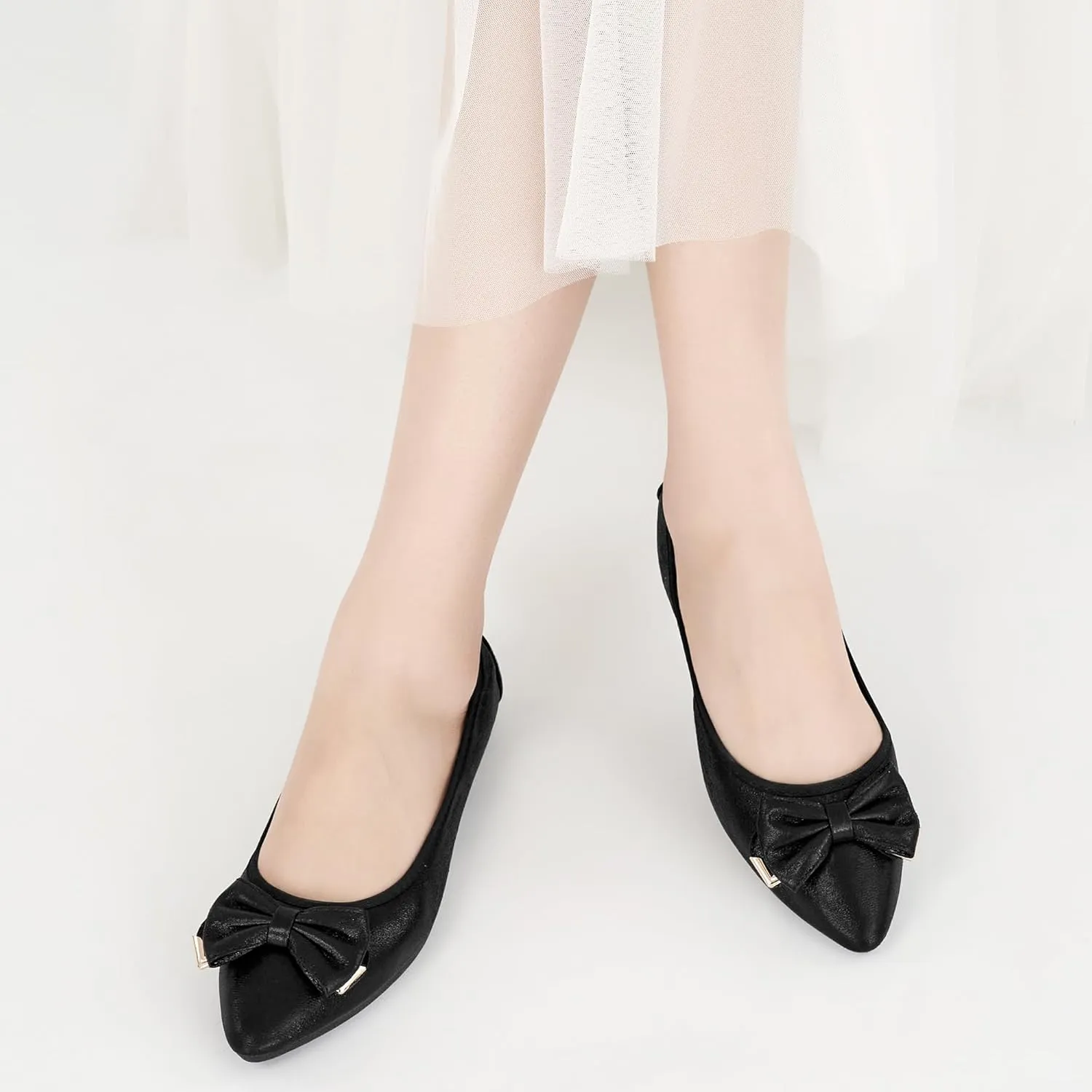 FUDYNMALC Womens Ballet Flats Shoes: Foldable Dressy Wedding Ballerina Shoes Sparkly Bowknot Pointed Toe Slip on Walking Loafers