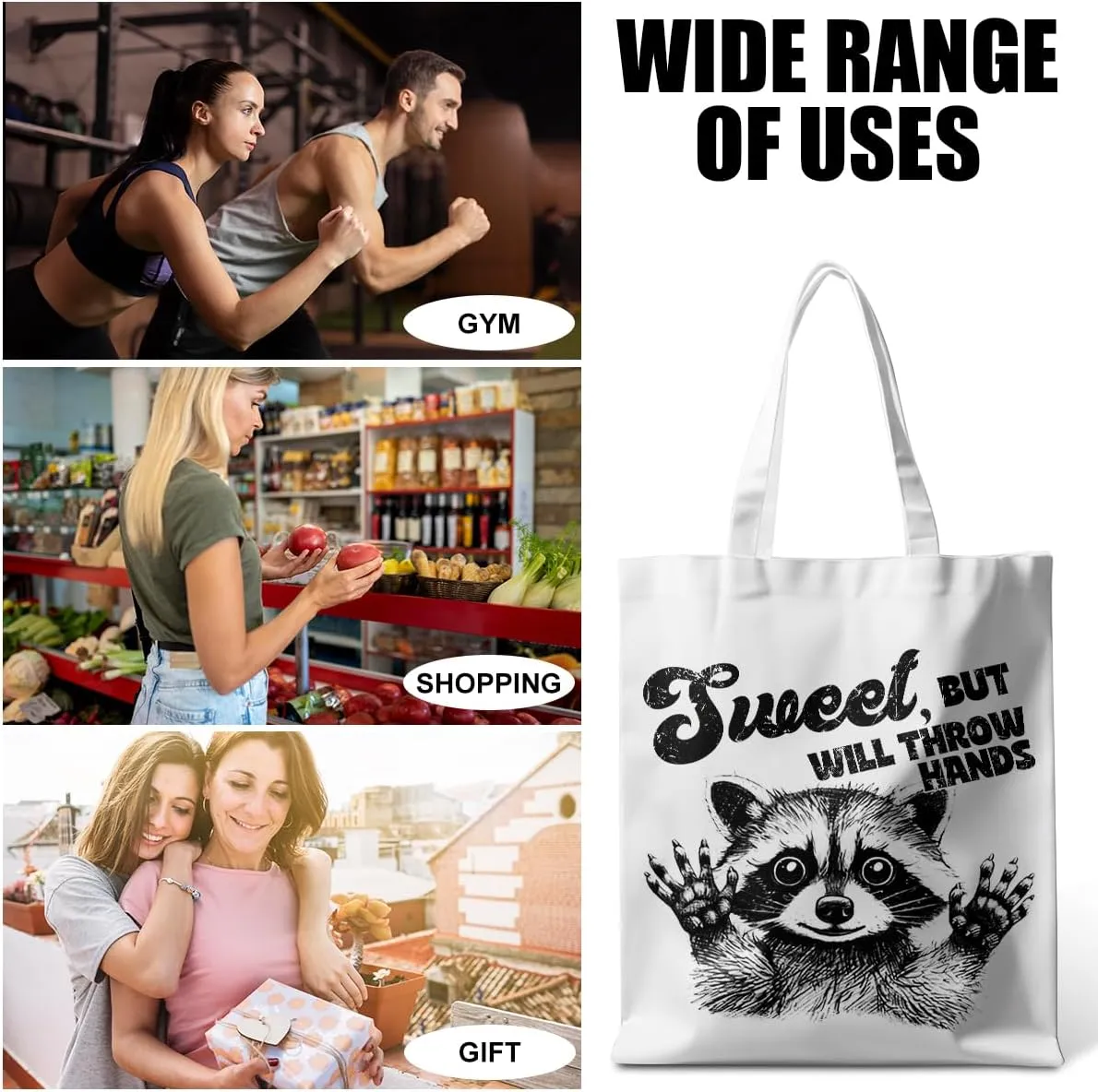 Funny Raccoon Tote Bag Cute Frogs Western Stuff Raccoon Frog Gifts for Women Friend Reusable Grocery Bags for Camping