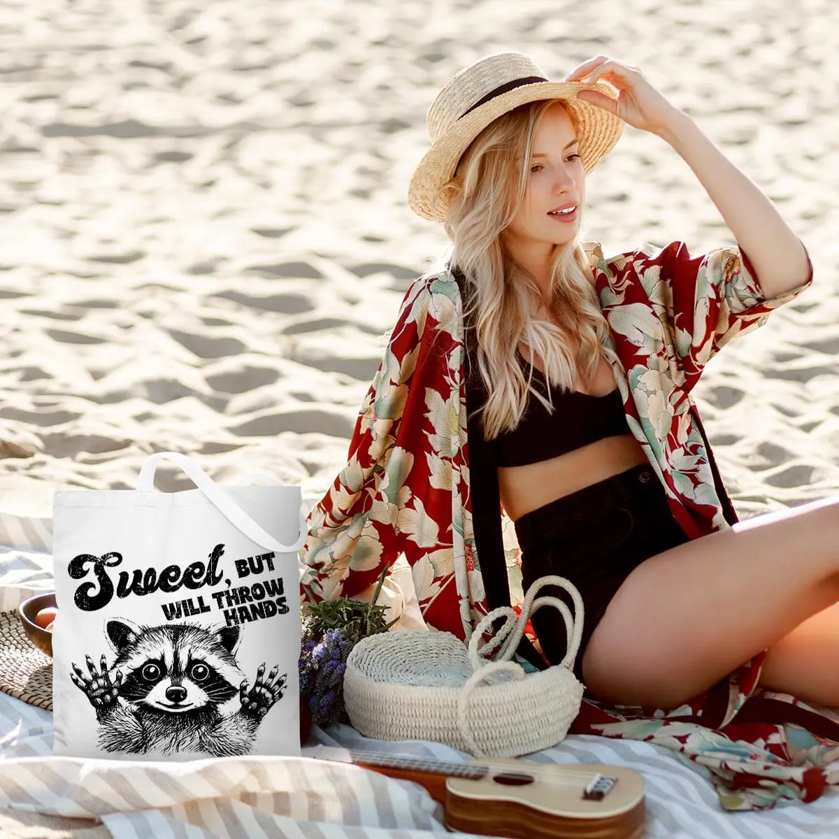 Funny Raccoon Tote Bag Cute Frogs Western Stuff Raccoon Frog Gifts for Women Friend Reusable Grocery Bags for Camping