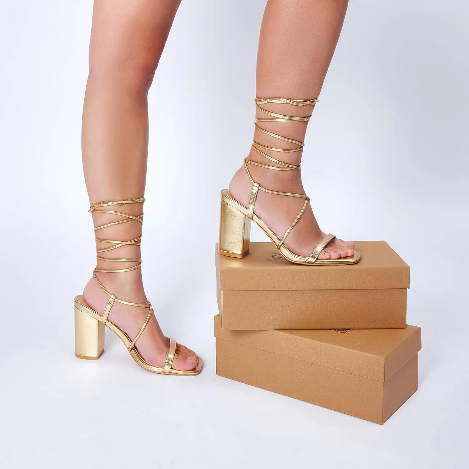 GENSHUO Square Toe Sandals Women Lace up Chunky High Heels Strappy Sandals Block Heeled Ankle Wrap Homecoming Wedding Dress Shoes Gold Size 9.5