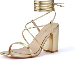 GENSHUO Square Toe Sandals Women Lace up Chunky High Heels Strappy Sandals Block Heeled Ankle Wrap Homecoming Wedding Dress Shoes Gold Size 9.5