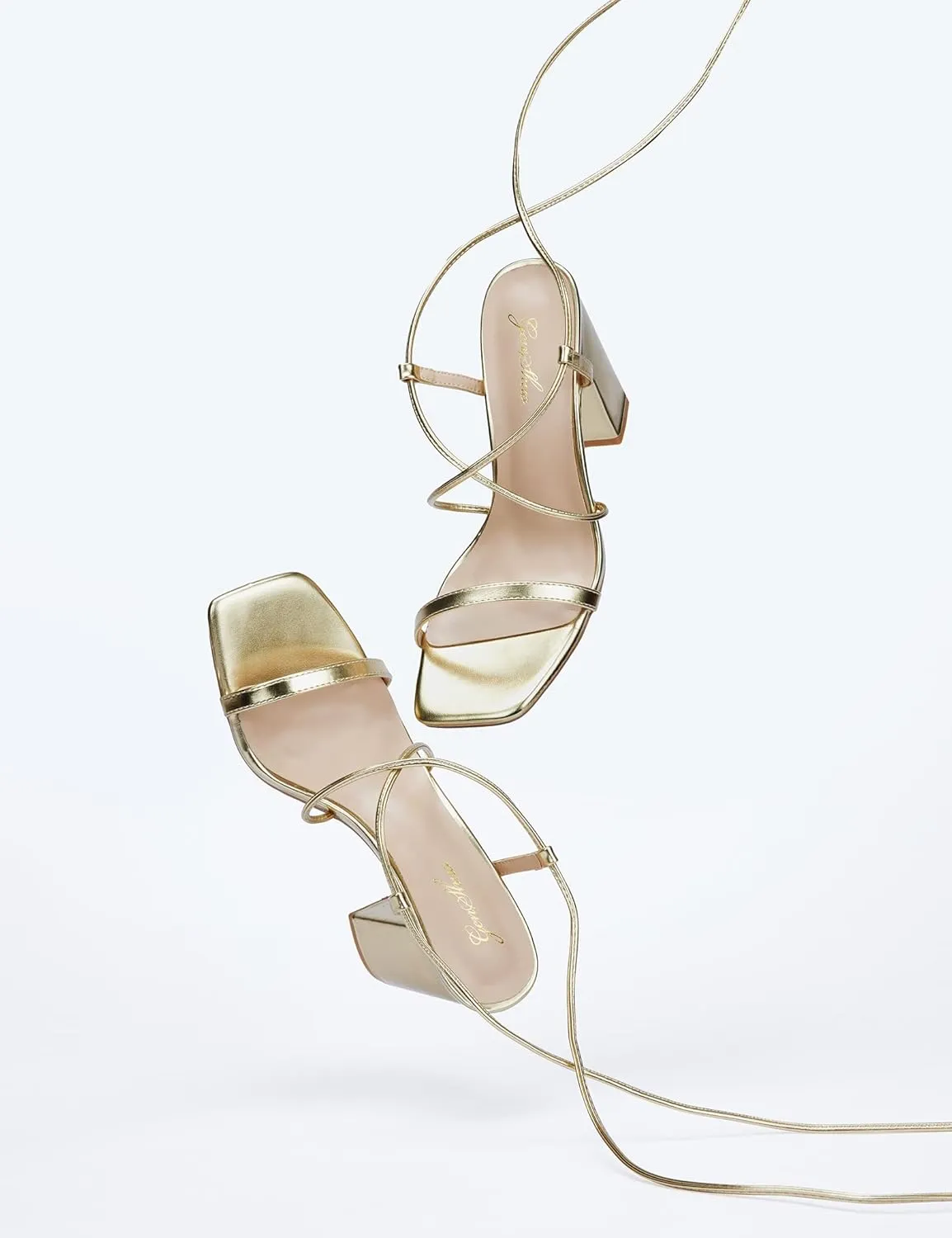 GENSHUO Square Toe Sandals Women Lace up Chunky High Heels Strappy Sandals Block Heeled Ankle Wrap Homecoming Wedding Dress Shoes Gold Size 9.5