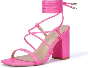 GENSHUO Square Toe Sandals Women Lace up Chunky High Heels Strappy Sandals Block Heeled Ankle Wrap Homecoming Wedding Dress Shoes Gold Size 9.5