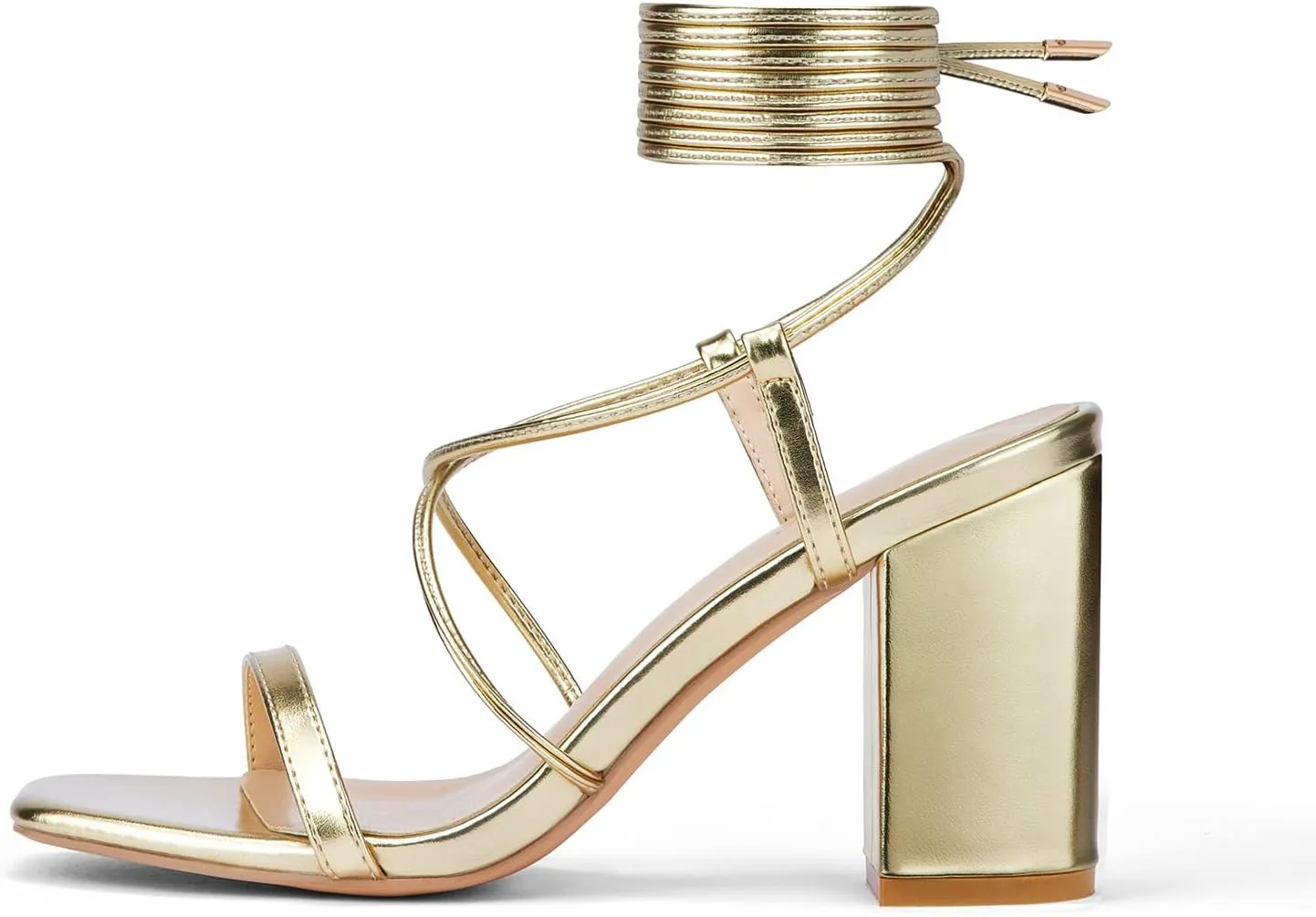 GENSHUO Square Toe Sandals Women Lace up Chunky High Heels Strappy Sandals Block Heeled Ankle Wrap Homecoming Wedding Dress Shoes Gold Size 9.5
