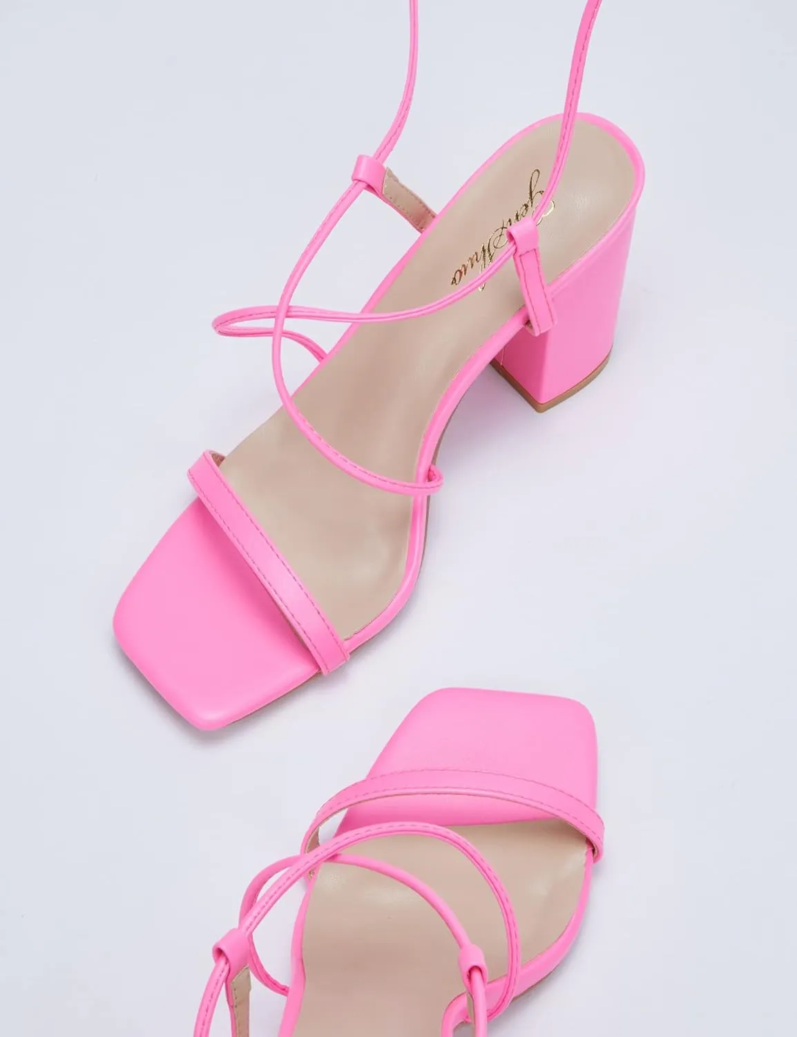 GENSHUO Square Toe Sandals Women Lace up Chunky High Heels Strappy Sandals Block Heeled Ankle Wrap Homecoming Wedding Dress Shoes Gold Size 9.5