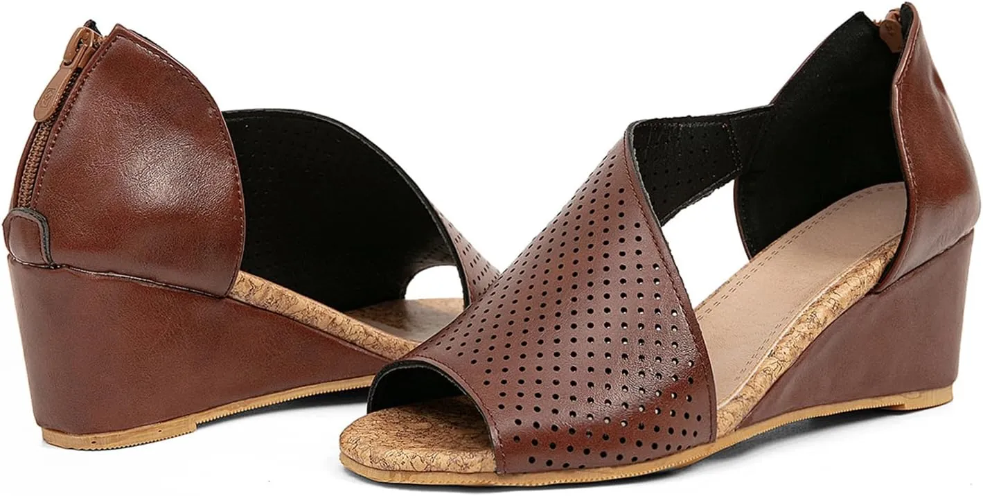 getmorebeauty Women's Side Cutout Wedge Sandals Back Zipper Open Toe Slides Breathable Hollow Mid Heel Summer Shoes