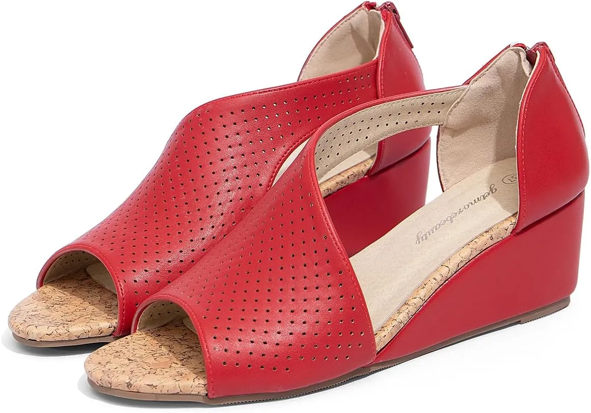 getmorebeauty Women's Side Cutout Wedge Sandals Back Zipper Open Toe Slides Breathable Hollow Mid Heel Summer Shoes