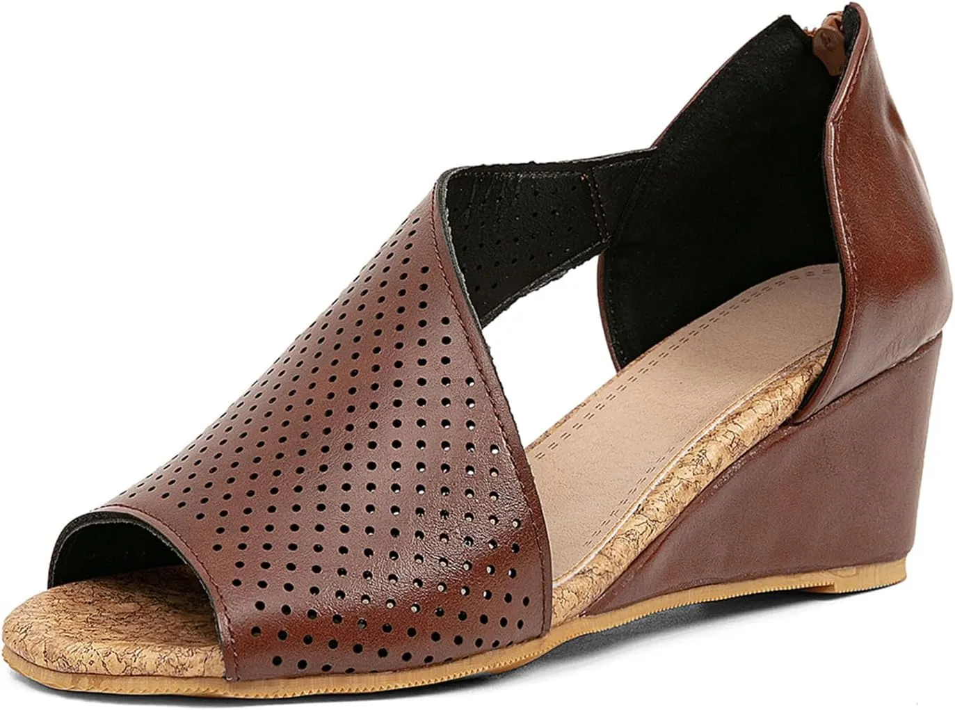 getmorebeauty Women's Side Cutout Wedge Sandals Back Zipper Open Toe Slides Breathable Hollow Mid Heel Summer Shoes