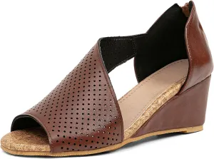 getmorebeauty Women's Side Cutout Wedge Sandals Back Zipper Open Toe Slides Breathable Hollow Mid Heel Summer Shoes