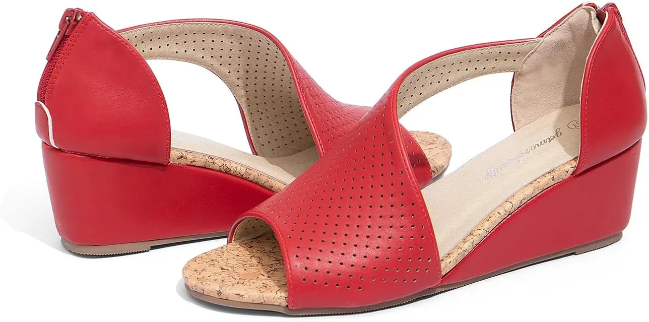 getmorebeauty Women's Side Cutout Wedge Sandals Back Zipper Open Toe Slides Breathable Hollow Mid Heel Summer Shoes