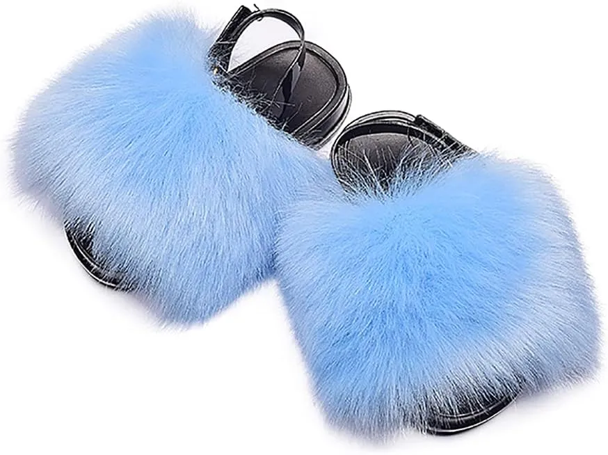 Girls Faux Fur Slides Colorful Toddler Slippers Furry Sandals Shoes with Elastic Back Strap