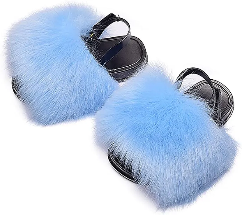 Girls Faux Fur Slides Colorful Toddler Slippers Furry Sandals Shoes with Elastic Back Strap