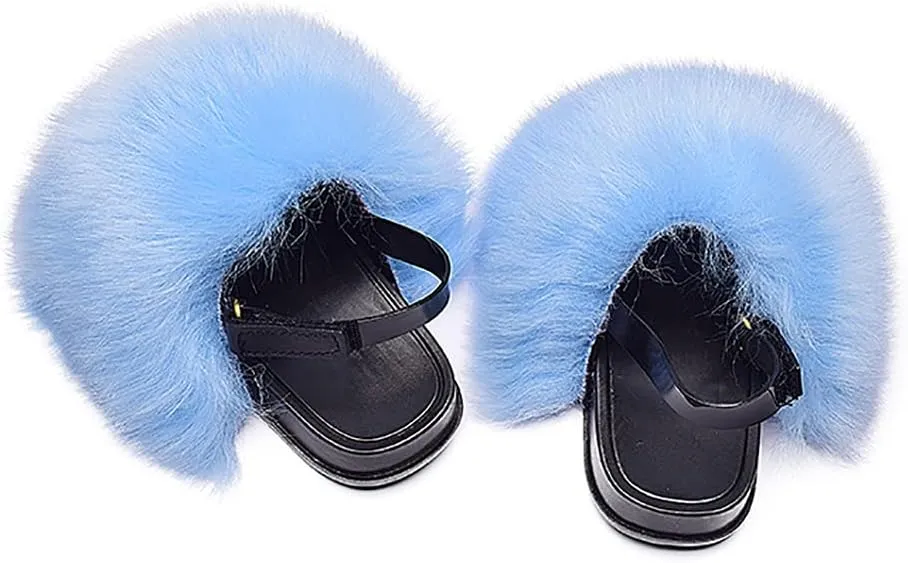 Girls Faux Fur Slides Colorful Toddler Slippers Furry Sandals Shoes with Elastic Back Strap