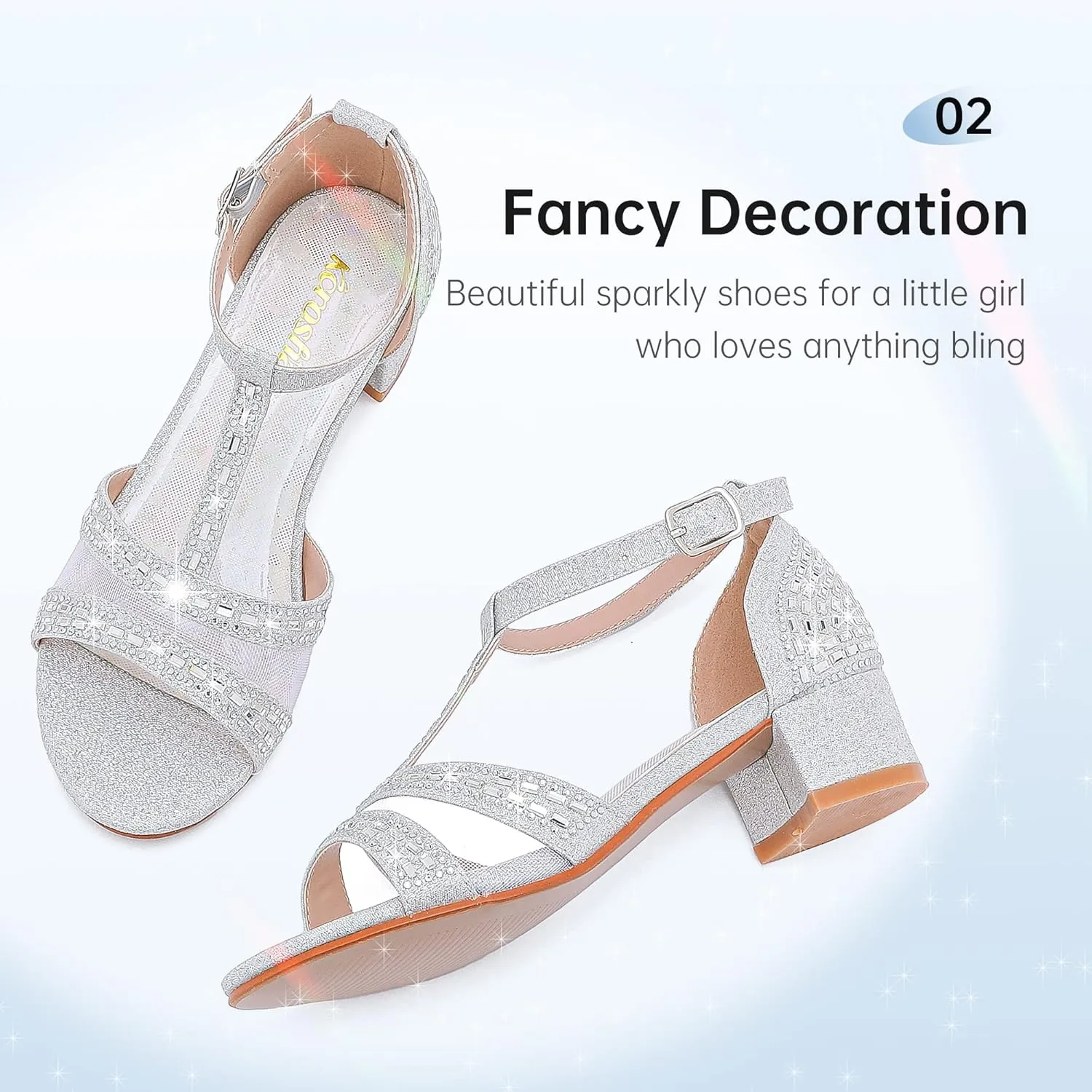 Girls Sandals Low Heel Dress Pump Open Toe T Strap Rhinestone Sandals Wedding Party Prom Shoes Little Big Kids